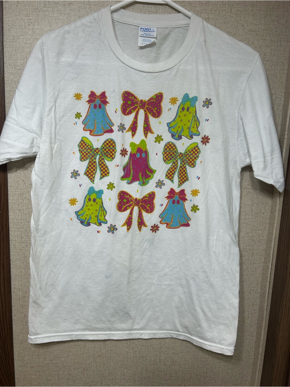 Port and Company White Kids Short-Sleeve Tee with Colorful Bows & Ghosts